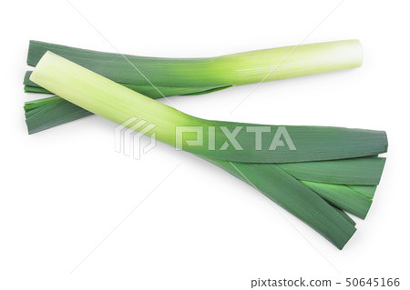 Leek vegetable closeup isolated on white background. Top view. Flat lay 50645166