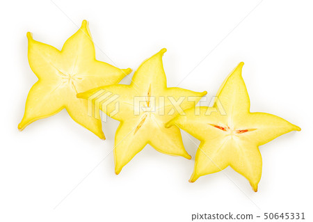 Carambola or star-fruit slice isolated on white background. Top view. Flat lay Carambola or star-fruit slice isolated on white background. Top view. Flat lay 50645331