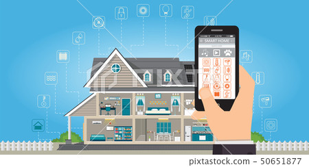 Smart home with hand holding smartphone. Smart home with hand holding smartphone. 50651877