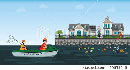 Male volunteers scavenge from river on boat. Male volunteers scavenge from river on boat. 50651946