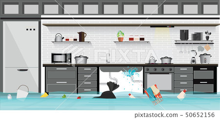 Interior flooded basement flooring of kitchen with 50652156