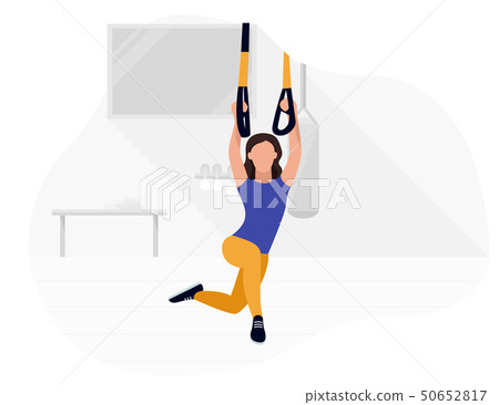 Fit woman working out on trx doing bodyweight exercises. Fitness strength training workout. 50652817