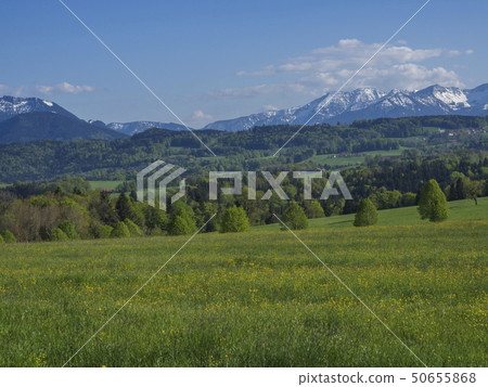 Beautiful spring rural mountain landscape in the Bavarian Alps with village and snow covered Beautiful spring rural mountain landscape in the Bavarian Alps with village and snow covered 50655868
