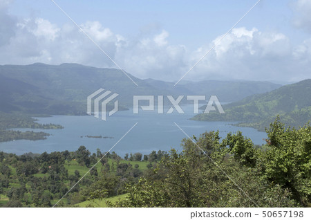 Mountains and river water landscape with clouds 50657198