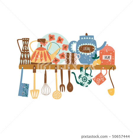 Shelf with ceramic tableware and hanging kitchen tools flat cartoon style 50657444