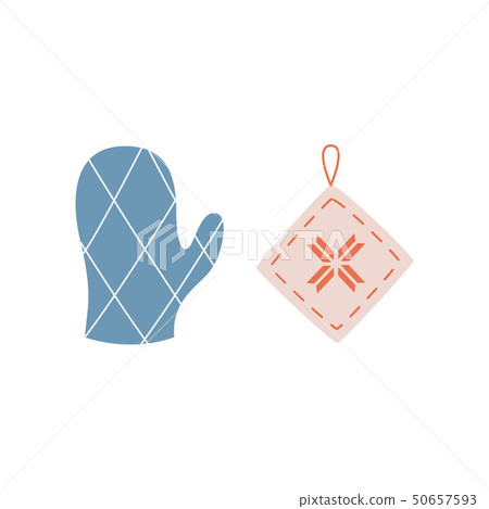 Kitchen oven mitt and pot holder in flat cartoon vector 50657593
