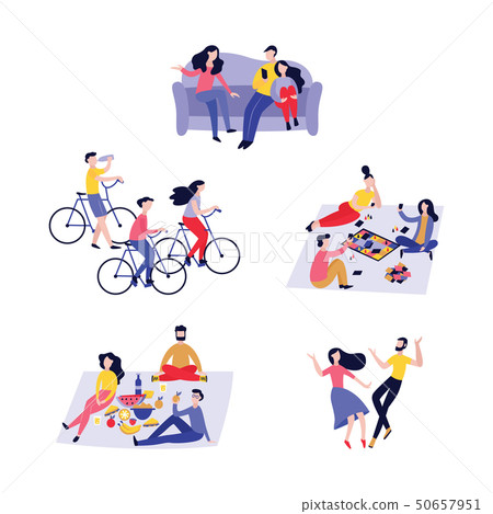 Friends spending time together in flat style. - Stock Illustration ...