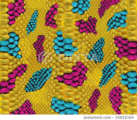 Yellow snake skin texture with blue and pink spots realistic style 50658164