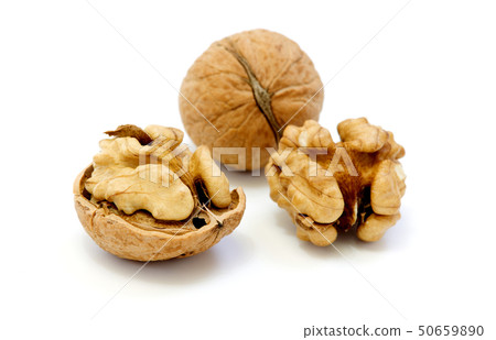 Walnuts, whole and opened on white background 50659890