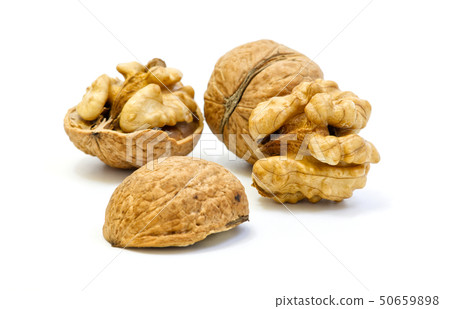 Walnuts, whole and opened on white background Walnuts, whole and opened on white background 50659898