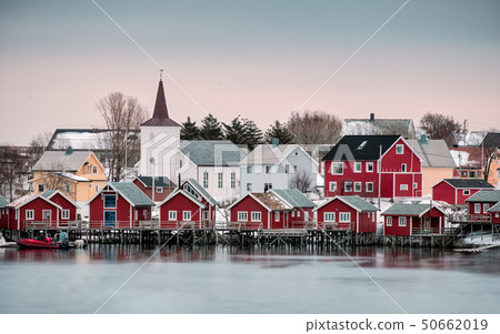Church in nordic village on coastline at Reine Church in nordic village on coastline at Reine 50662019