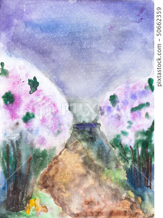 bushes blooming lilacs along rural brown road 50662359