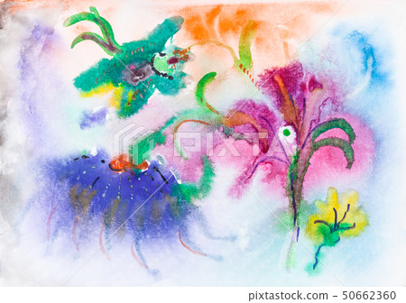 abstract colorful flowers on meadow by watercolors 50662360