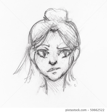 head of girl with skeptical face and bun hairstyle 50662522