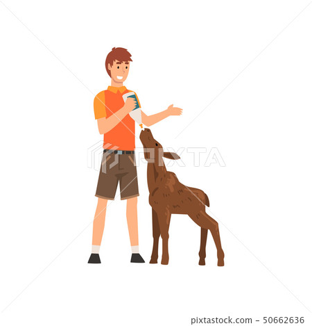 Zoo Worker Feeding alf with Milk Bottle, Professional Zookeeper Character Caring of Animal Vector 50662636