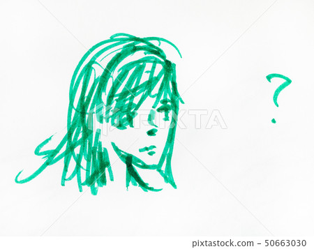 sketch of thoughtful girl head by green felt pen sketch of thoughtful girl head by green felt pen 50663030
