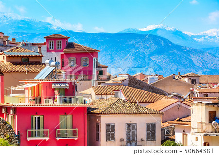 Nafplio, Greece aerial view and snow mountains 50664381