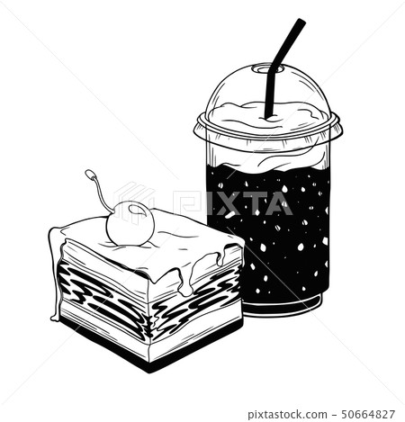 Cup with a drink and a piece of cake. Dessert Cup with a drink and a piece of cake. Dessert 50664827