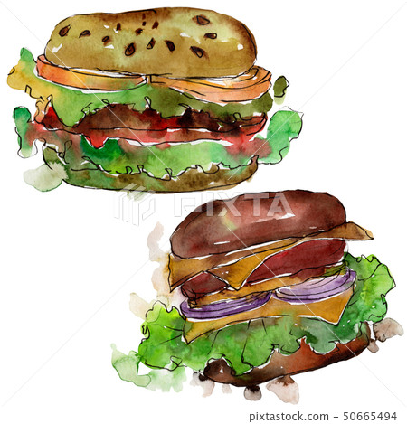 Hamburger fast food isolated. Watercolor background illustration set. Isolated snack illustration Hamburger fast food isolated. Watercolor background illustration set. Isolated snack illustration 50665494
