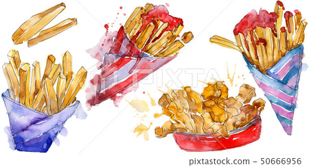 Fast food french fries in a watercolor style set. Aquarelle food illustration for background 50666956