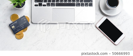 Credit card mobile phone gold coin computer notebook tax support card phone payment mockup 50666993