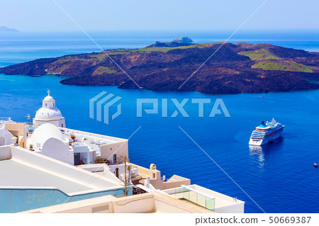 Sea and white church, Santorini, Greece 50669387