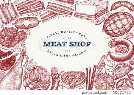 Vintage vector meat products design template. Hand Vintage vector meat products design template. Hand 50671752