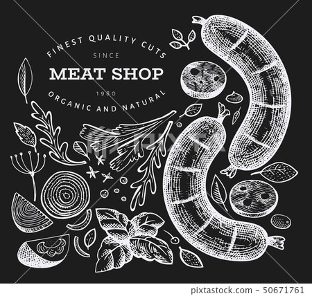 Vintage vector meat illustration on chalk board. 50671761