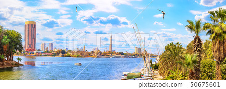 Panoramic view on the Nile and the Cairo Tower from the harbour Panoramic view on the Nile and the Cairo Tower from the harbour 50675601