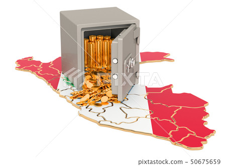 Safe box with golden coins on the map of Peru 50675659