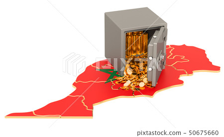 Safe box with golden coins on the map of Morocco 50675660