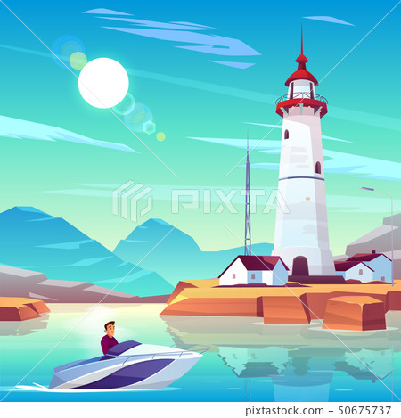 Powerboat with man pass by harbor with lighthouse. Powerboat with man pass by harbor with lighthouse. 50675737