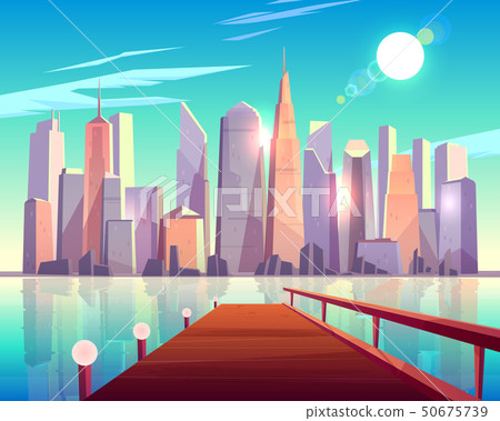Megapolis city architecture view from wooden pier. Megapolis city architecture view from wooden pier. 50675739