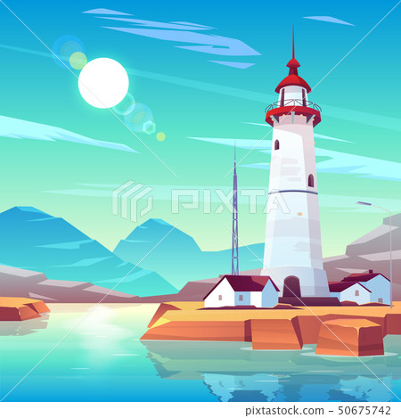 Lighthouse standing on rocky seashore at sunny day Lighthouse standing on rocky seashore at sunny day 50675742