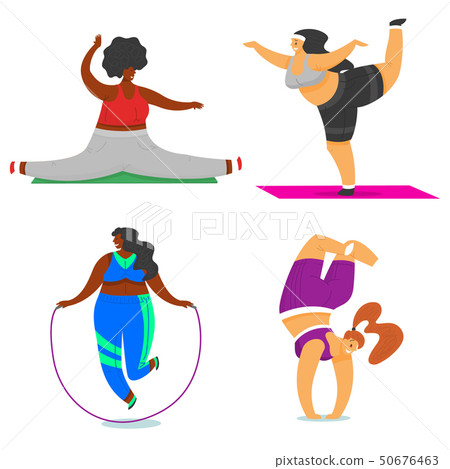 Fitness girls Plus Size. Health sport in club. Set of Fat Woman doing exercises, loses weight Fitness girls Plus Size. Health sport in club. Set of Fat Woman doing exercises, loses weight 50676463