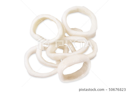 A bunch of raw frozen squid rings A bunch of raw frozen squid rings 50676823