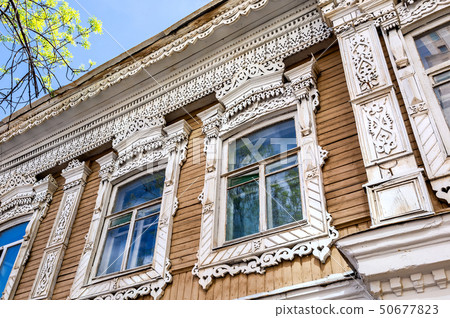 Vintage wooden carved ornament of old house 50677823