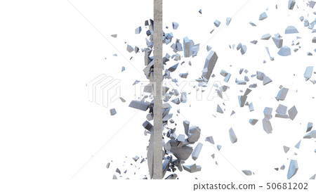 Concrete wall shatters into thousands of small pieces. Cracked earth, abstract background. Explosion 50681202