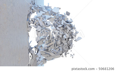 Concrete wall shatters into thousands of small pieces. Cracked earth, abstract background. Explosion Concrete wall shatters into thousands of small pieces. Cracked earth, abstract background. Explosion 50681206