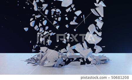 Concrete wall shatters into thousands of small pieces. Cracked earth, abstract background. Explosion 50681208