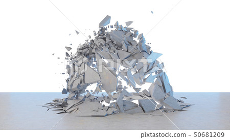 Concrete wall shatters into thousands of small pieces. Cracked earth, abstract background. Explosion 50681209
