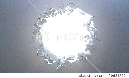 Broken concrete wall into small pieces. Cracked earth, abstract background with volume light rays in 50681212