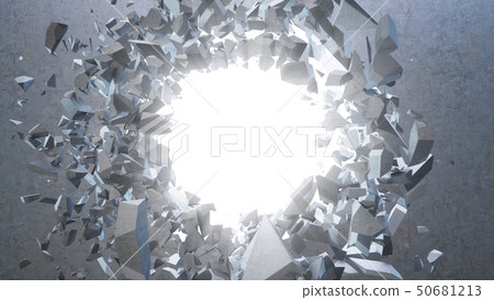 Broken concrete wall into small pieces. Cracked earth, abstract background with volume light rays in Broken concrete wall into small pieces. Cracked earth, abstract background with volume light rays in 50681213