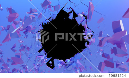 Broken wall dark pastel-violet color. Wall shatters into thousands of small pieces. Abstract 50681224