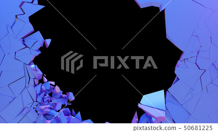 Broken wall dark pastel-violet color. Wall shatters into thousands of small pieces. Abstract 50681225
