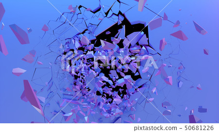 Broken wall dark pastel-violet color. Wall shatters into thousands of small pieces. Abstract 50681226