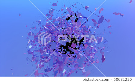 Broken wall dark pastel-violet color. Wall shatters into thousands of small pieces. Abstract 50681230