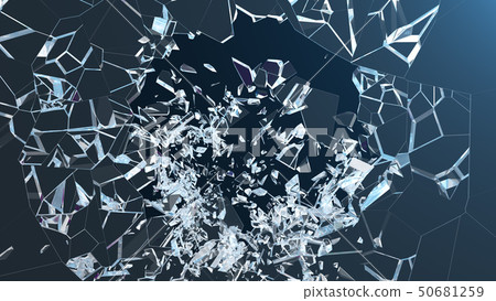 3D illustration wall of glass with a hole in the center of shatters into small pieces. Place for 50681259