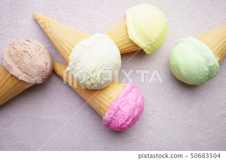 Set of various ice cream scoops in waffle cones 50683504