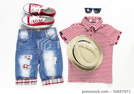 Collage of children clothing in marine style. Summer, spring boy outfit. Fashion trendy look Collage of children clothing in marine style. Summer, spring boy outfit. Fashion trendy look 50687971